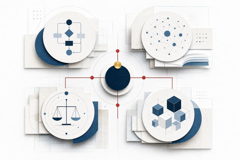 Vier verbundene Bereiche stehen für Fachprozess, Wissen, Governance und technische Umsetzung.