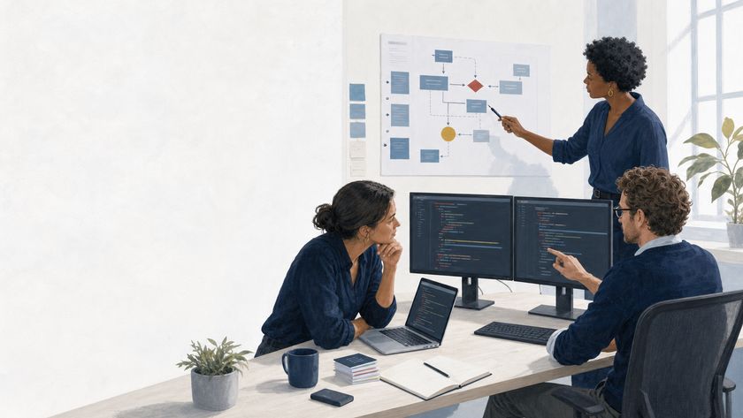 Eine Beraterin erläutert einen Fachprozess, während zwei Softwareentwickler die technische Umsetzung gemeinsam prüfen.